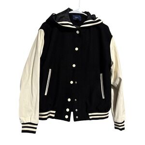 Forever 21 Womens Hooded Varsity Letterman Jacket Black White Faux Leather M